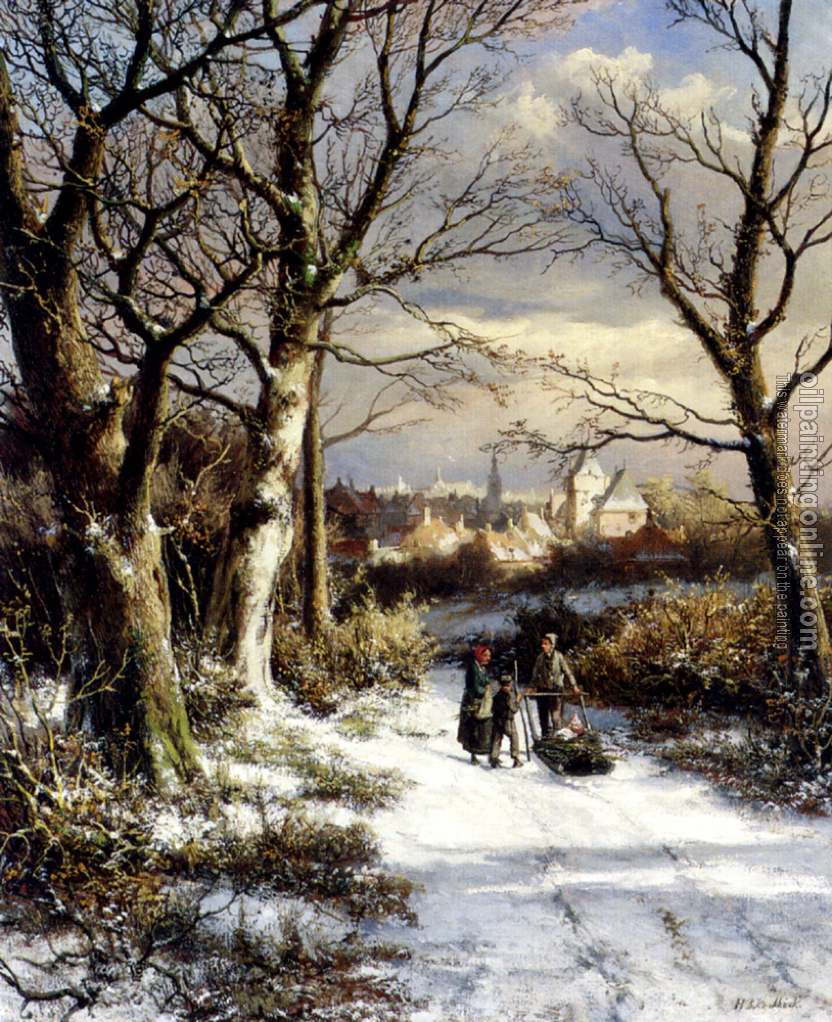 Johannes Hermanus Koekkoek - Barend Figures On A Snowy Road